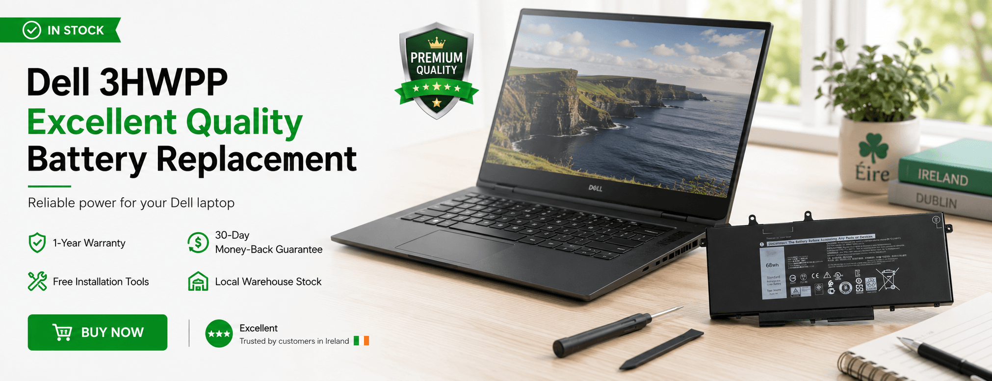 4 cells 68Wh Dell 3HWPP Long-life Battery Replacement